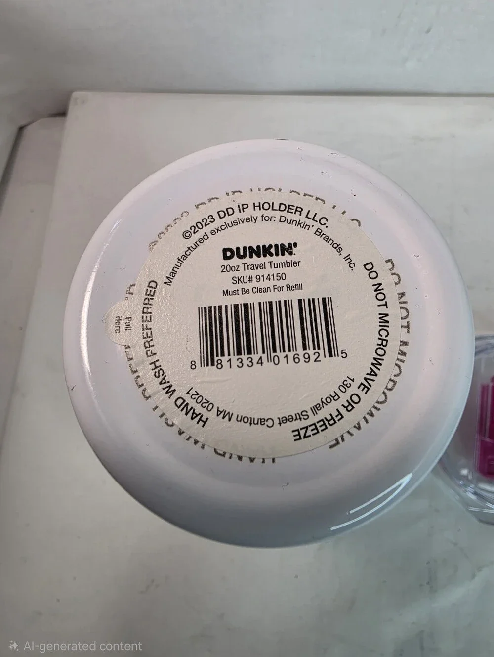 Dunkin' Donuts Classic 20 oz. white stainless steel hot/cold travel tumbler.